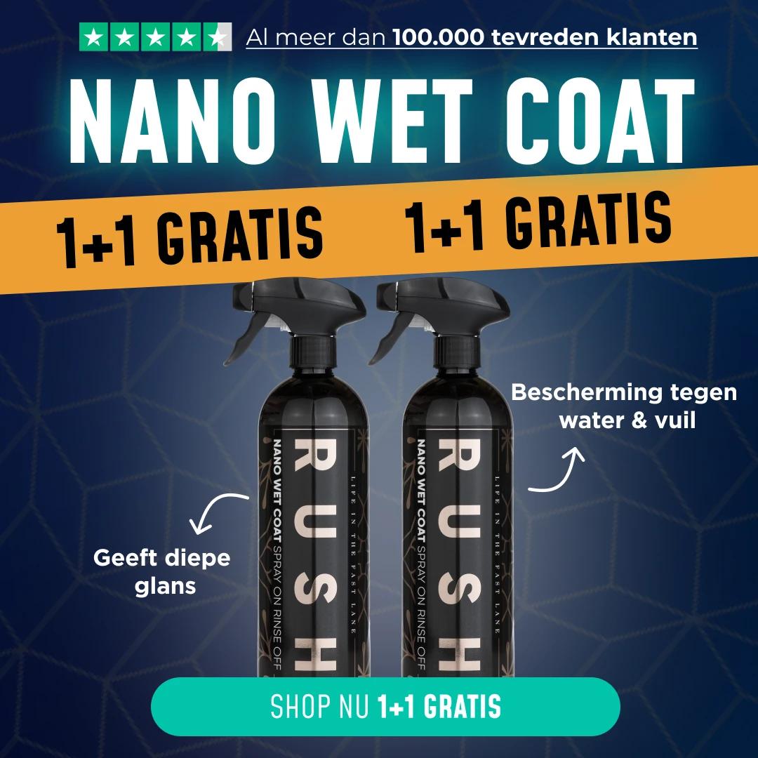 Two black 1+1 GRATIS Nano Wet Coat bottles are side by side on a blue background. Text highlights deep gloss and water-repellent protection against dirt, plus a banner shows over 100,000 satisfied customers loving this spray wax.