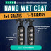 Two black 1+1 GRATIS Nano Wet Coat bottles are side by side on a blue background. Text highlights deep gloss and water-repellent protection against dirt, plus a banner shows over 100,000 satisfied customers loving this spray wax.