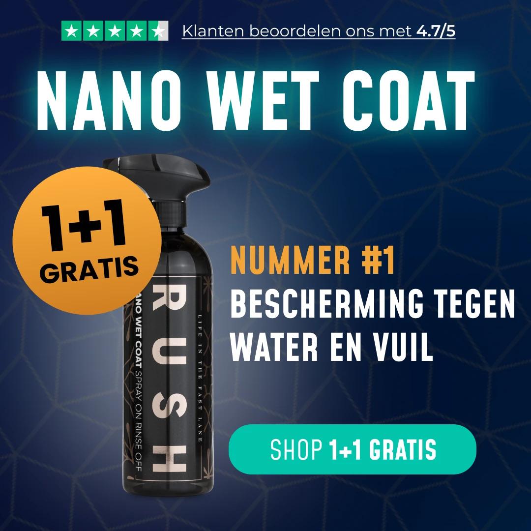 An ad for 1+1 GRATIS Nano Wet Coat features a spray bottle, highlights its water- and dirt-repelling layer, shows a 4.7/5 rating, and has a "Shop 1+1 gratis" button on a blue geometric background.