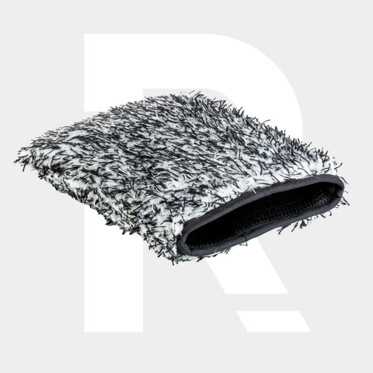 The 3+Tech Microfiber Wash Mitt, shown in black and white with an open end on a light gray background, features soft, shaggy fibers that are autolak veilig—ideal for safe auto detailing and cleaning.