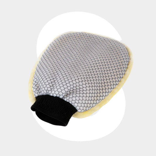 The 2-in-1 Anti-Insect Wool Mitt, featuring a black wristband, mesh gray surface, and yellow fuzzy border, is shown on a light gray background—perfect for removing insect residues.