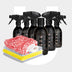 The Try Out Package features six black RUSH spray bottles for interior and wheel cleaning, displayed behind four stacked cleaning cloths in white, yellow, gray, and red-and-white on a light gray background.