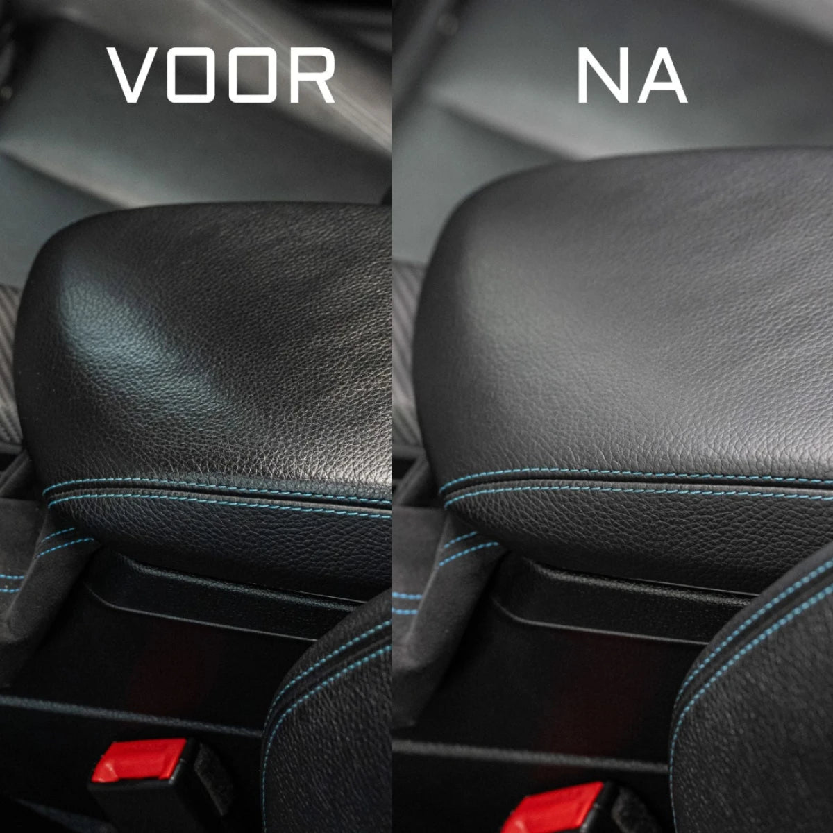 Split image van een lederen autobekleding armsteun: links “VOOR” met dof, versleten leer; rechts “NA” na gebruik van het Leather Clean & Care Package, met herstelde kleur en verbeterde textuur.