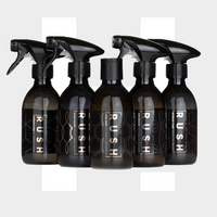 Five dark-colored spray bottles labeled "Essential Package" with geometric designs stand in a row against a white and light gray background, featuring options such as autoshampoo, velgenreiniger, and interieur reiniger.