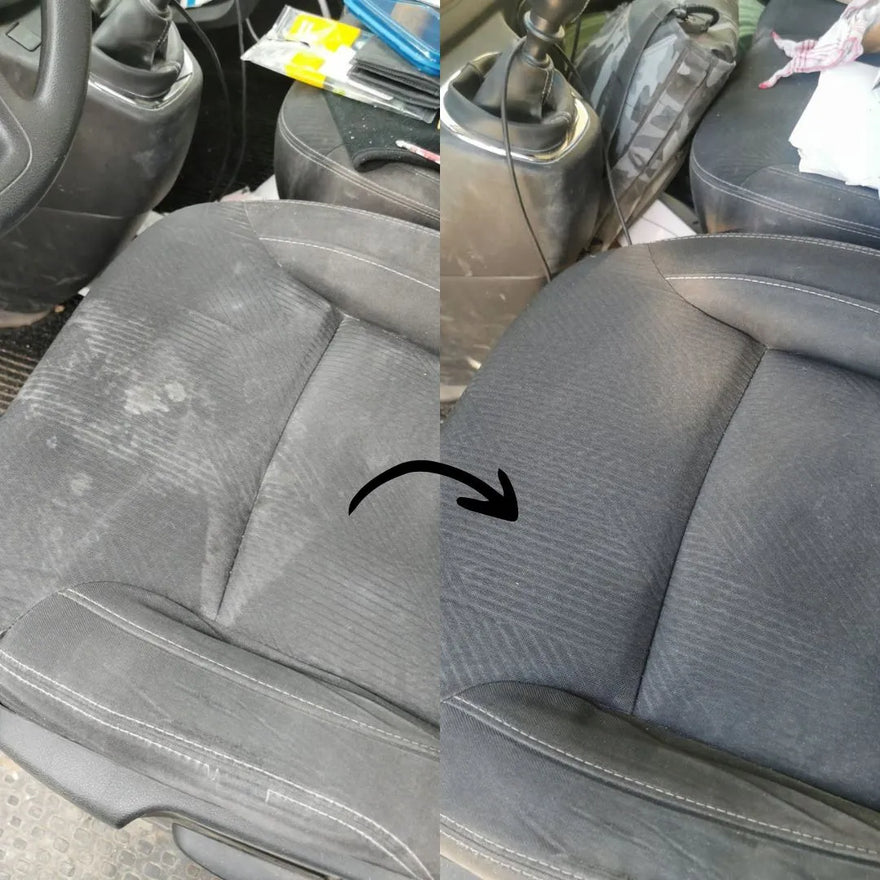 Before-and-after photo of a car seat: the left side shows hardnekkige vlekken, while the right side is spotless after using Interior Clean, with an arrow pointing from left to right.