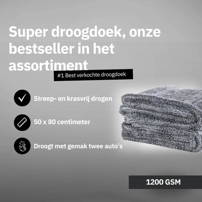 The Master Drying Towel 1200 GSM, shown folded on a gray background, features Dutch text highlighting its streak- and scratch-free drying, 50 x 80 cm size, ability to dry two cars easily, and ultra-thick 1200 GSM microfibre.