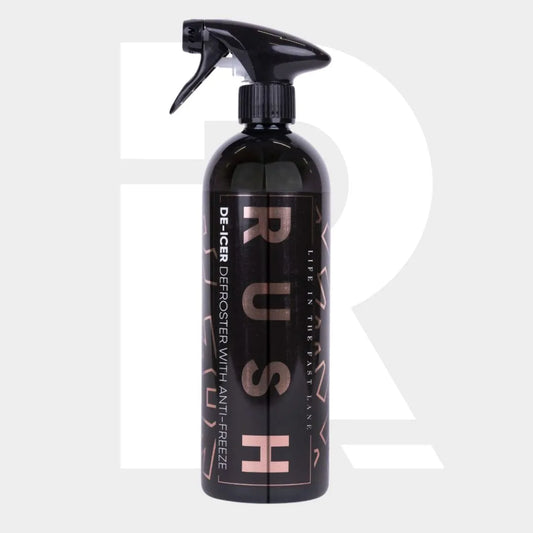A black spray bottle labeled De-Icer stands upright against a light gray background with a large, translucent letter R behind it.