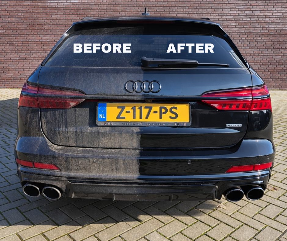 A black Audi with a yellow Dutch license plate is shown from the rear, split vertically: the left dirty (BEFORE), the right gleaming (AFTER) to showcase the shine achieved with Gold Wash after washing.