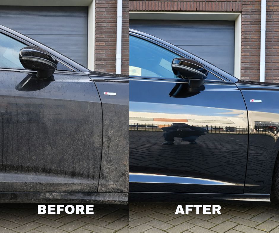 Side-by-side comparison of a car door: the left (Before) is dirty and grimy, while the right (After), cleaned with Gold Wash autoshampoo, is spotless and shines with a beautiful gloss.