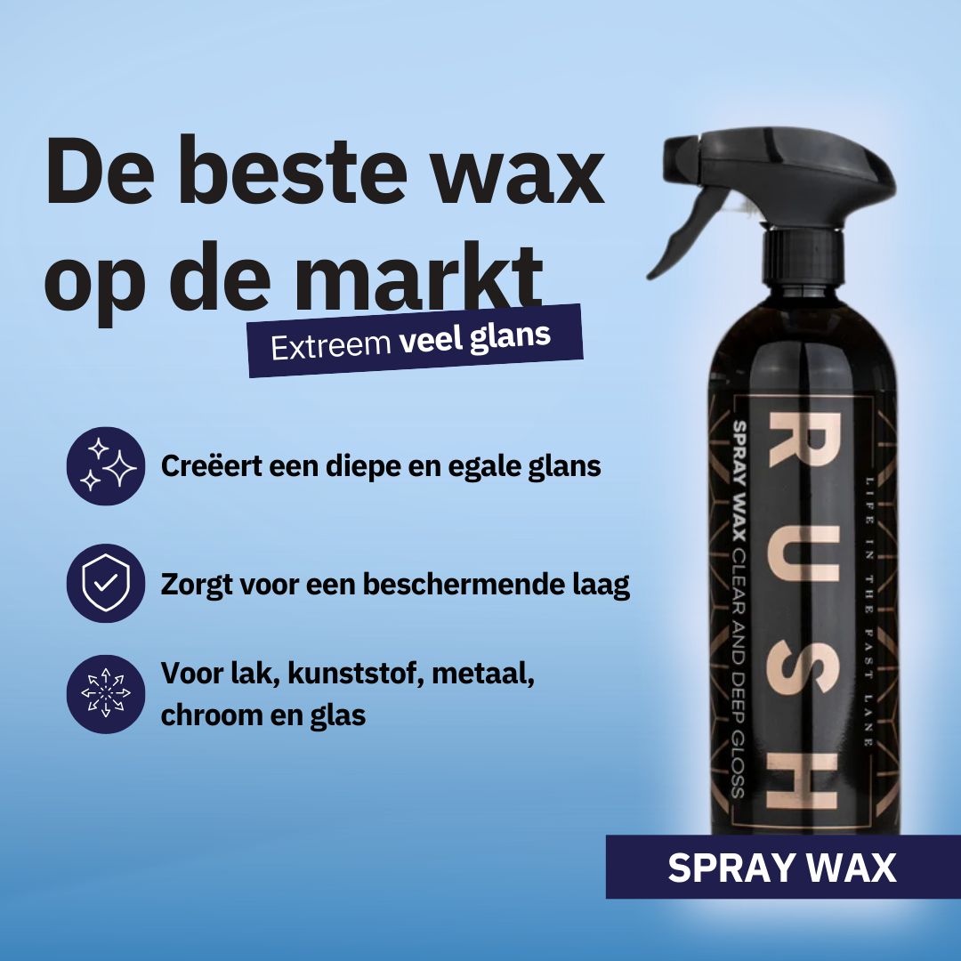 A black spray bottle labeled RUSH Spray Wax sits on a blue background. Dutch text highlights its deep, even shine, protective layer, and use with the Bonus Bucket Kit for paint, plastic, metal, chrome, and glass surfaces.