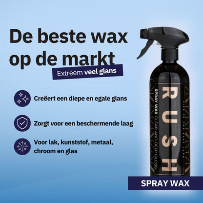 A black spray bottle labeled RUSH Spray Wax sits on a blue background. Dutch text highlights its deep, even shine, protective layer, and use with the Bonus Bucket Kit for paint, plastic, metal, chrome, and glass surfaces.