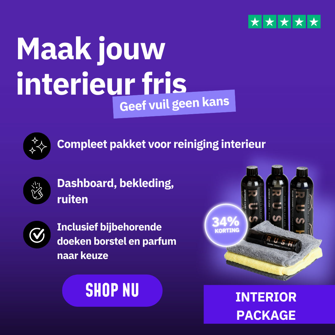 Promotional image for the Interior Package showing bottles, towels, and a brush on a purple background. Highlights dashboard cleaning, included accessories, 34% korting en auto interieur reinigen. Button: SHOP NU.