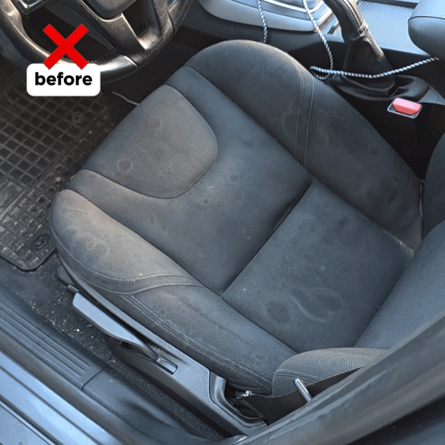 The driver’s seat upholstery shows stains and dirt; a red X and the word “before” highlight the need to use Interior Clean to reinigen en hardnekkige vlekken verwijderen for a refreshed car interior.