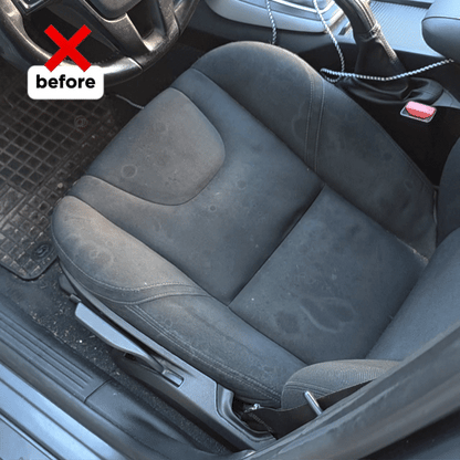 The driver’s seat upholstery shows stains and dirt; a red X and the word “before” highlight the need to use Interior Clean to reinigen en hardnekkige vlekken verwijderen for a refreshed car interior.