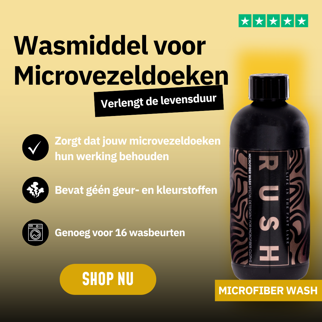 Fles RUSH microvezel wasmiddel, perfect als microvezeldoeken wasmiddel, afgebeeld met voordelen en een gele Shop nu knop op beige achtergrond.