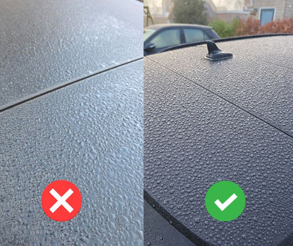 Side-by-side photo of two car roofs: left has fewer, irregular drops with a red “X”; right shows RC Nano Wet Coat (TEST) delivering diepe glans and waterafstotend effect, with many bead-like droplets and a green check mark.