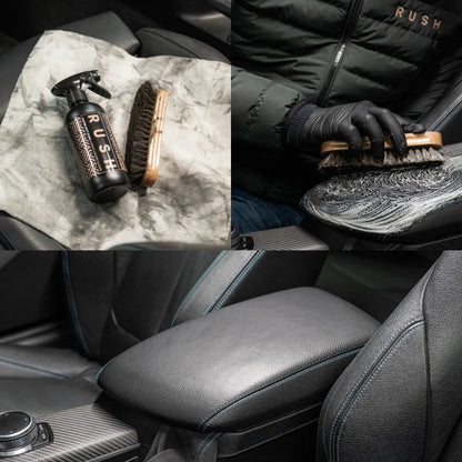 A collage showing Leather Matt Clean: the spray and brush on a towel, someone scrubbing a leather seat with foam, and a close-up of a clean black leather armrest with a matte finish.