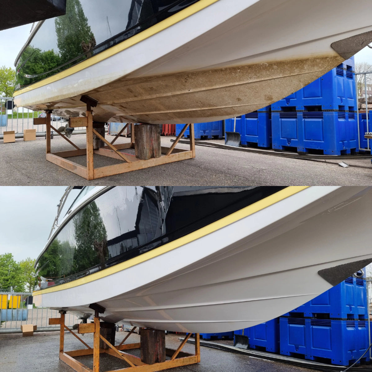 Two photos of a boat on a wooden stand: the top shows a dirty hull, while the bottom reveals stunning results after cleaning with 1+1 GRATIS Extreme Ship Clean. Blue containers and trees are visible in the background.