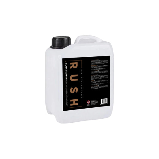 A 2.5L white plastic container with a handle and black screw cap features a black label stating "Glass Cleaner 2,5 liter" in white and copper text, along with product information.