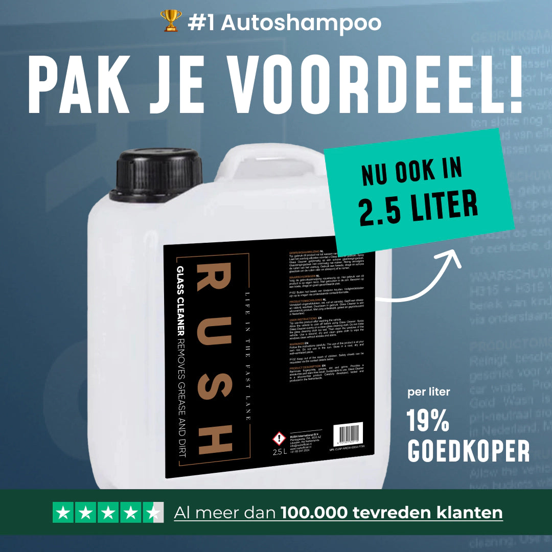 A 2.5-liter container of Glass Cleaner 2,5 liter is shown with a black label. Highlights include "19% goedkoper per liter," "Nu ook in 2.5 liter," and a banner: "Al meer dan 100.000 tevreden klanten.