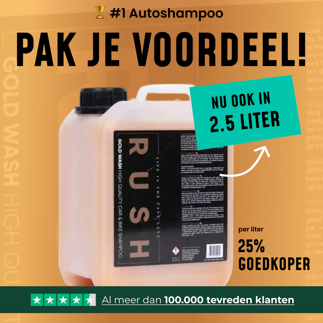 A large beige container of Gold Wash 2,5 liter car shampoo features a black label. Now available in 2.5 liters at 25% less per liter. Banner: over 100,000 satisfied customers.