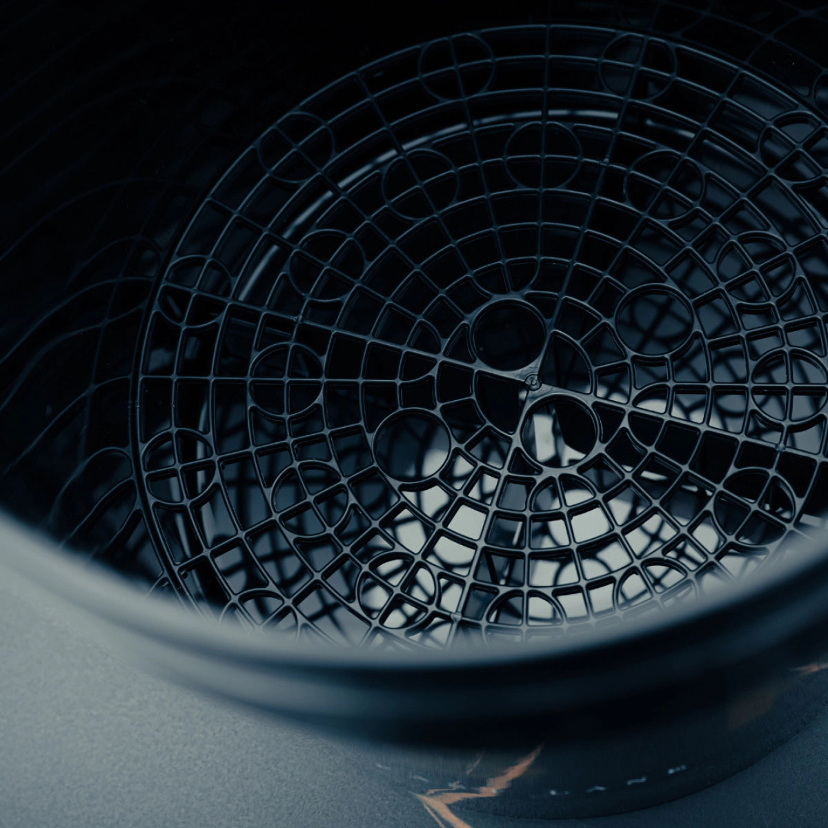 Close-up view of a black, circular Grit Guard grid inside a Detailing Bucket 20L, showing geometric patterns and surface reflections.