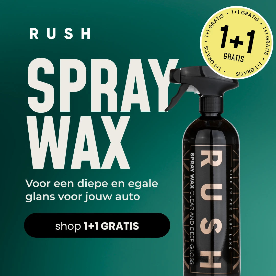 A bottle of 1+1 GRATIS Spray Wax is shown on a teal background with Dutch text promoting the 1+1 Gratis deal, highlighting nanotechnologie for deep, even shine and lak bescherming. A button reads "shop 1+1 GRATIS.