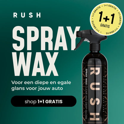 A bottle of 1+1 GRATIS Spray Wax is shown on a teal background with Dutch text promoting the 1+1 Gratis deal, highlighting nanotechnologie for deep, even shine and lak bescherming. A button reads "shop 1+1 GRATIS.
