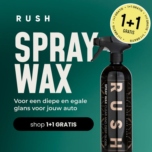 A bottle of 1+1 GRATIS Spray Wax is shown on a teal background with Dutch text promoting the 1+1 Gratis deal, highlighting nanotechnologie for deep, even shine and lak bescherming. A button reads "shop 1+1 GRATIS.