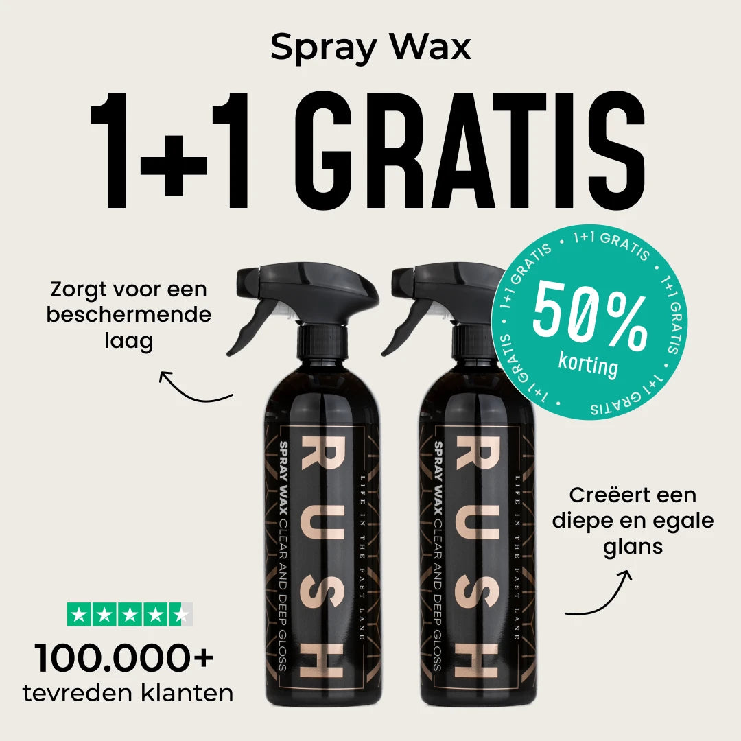 Two black 1+1 GRATIS Spray Wax Package bottles are shown with 50% korting. Highlighted in Dutch: beschermende waxlaag, extra auto glans, en tevreden klanten.