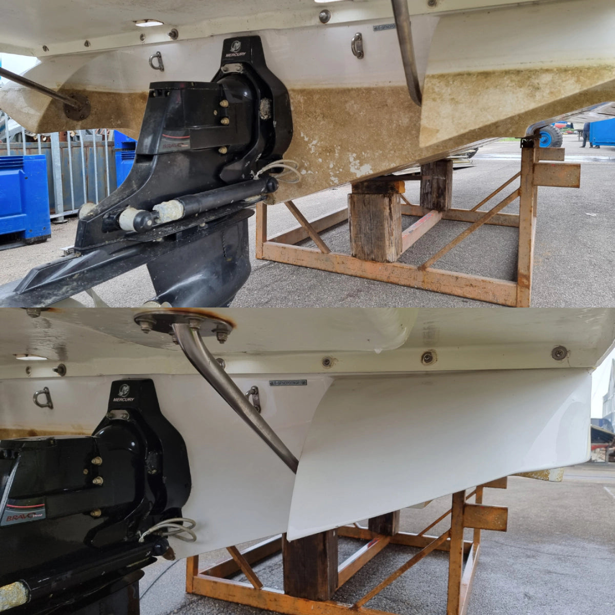 Two images show a boat’s stern out of water: the top with kalkanslag and dirt, the bottom with a clean, bright white finish after effectief reinigen met 1+1 GRATIS Marine Attack, een biologisch afbreekbaar product.