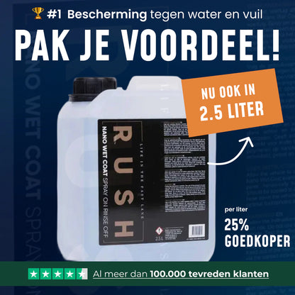 A white container of Nano Wet Coat 2,5 liter is shown with bold Dutch text promoting a 2.5-liter size, stating it offers 25% savings per liter and highlights over 100,000 satisfied customers.