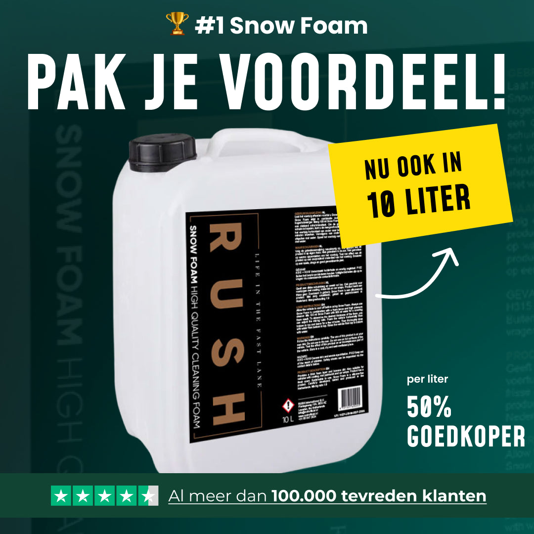A 10-liter white container of Snow Foam with a black label is shown. Text highlights the new 10-liter size, 50% lower cost per liter, and over 100,000 satisfied customers.