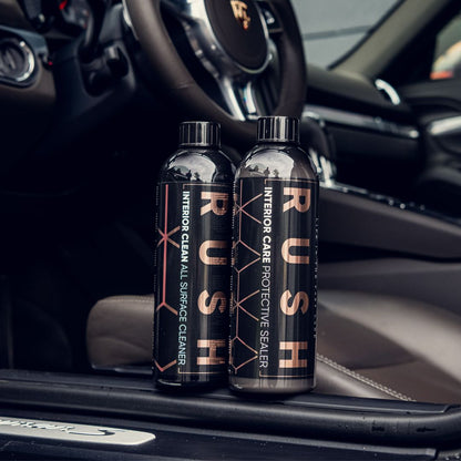 Two bottles from the Detailing Package PLUS | 23-delig rest on the door frame, showcasing the car’s beige seats and steering wheel. The labels read All Surface Cleaner and Protective Sealer.