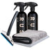 The Window Clear Winter Kit includes two black RUSH spray bottles, an IJskrabber squeegee with a blue edge, and two folded microfiber towels—one dark gray and one light gray—arranged on a white background.