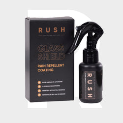 A black spray bottle labeled Glass Shield stands next to its box, which says Rain Repellent Coating and features Dutch text highlighting "autoruiten bescherming en beter zicht bij regen" on a light gray background.