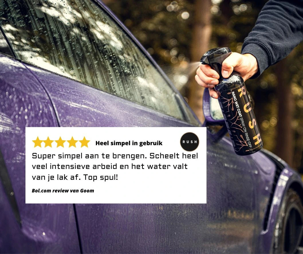 A hand sprays Nano Wet Coat onto a purple car, giving it a glossy finish. A five-star review praises its water-repellent effect and easy use, making water bead off the paint. Blurred trees appear in the background.