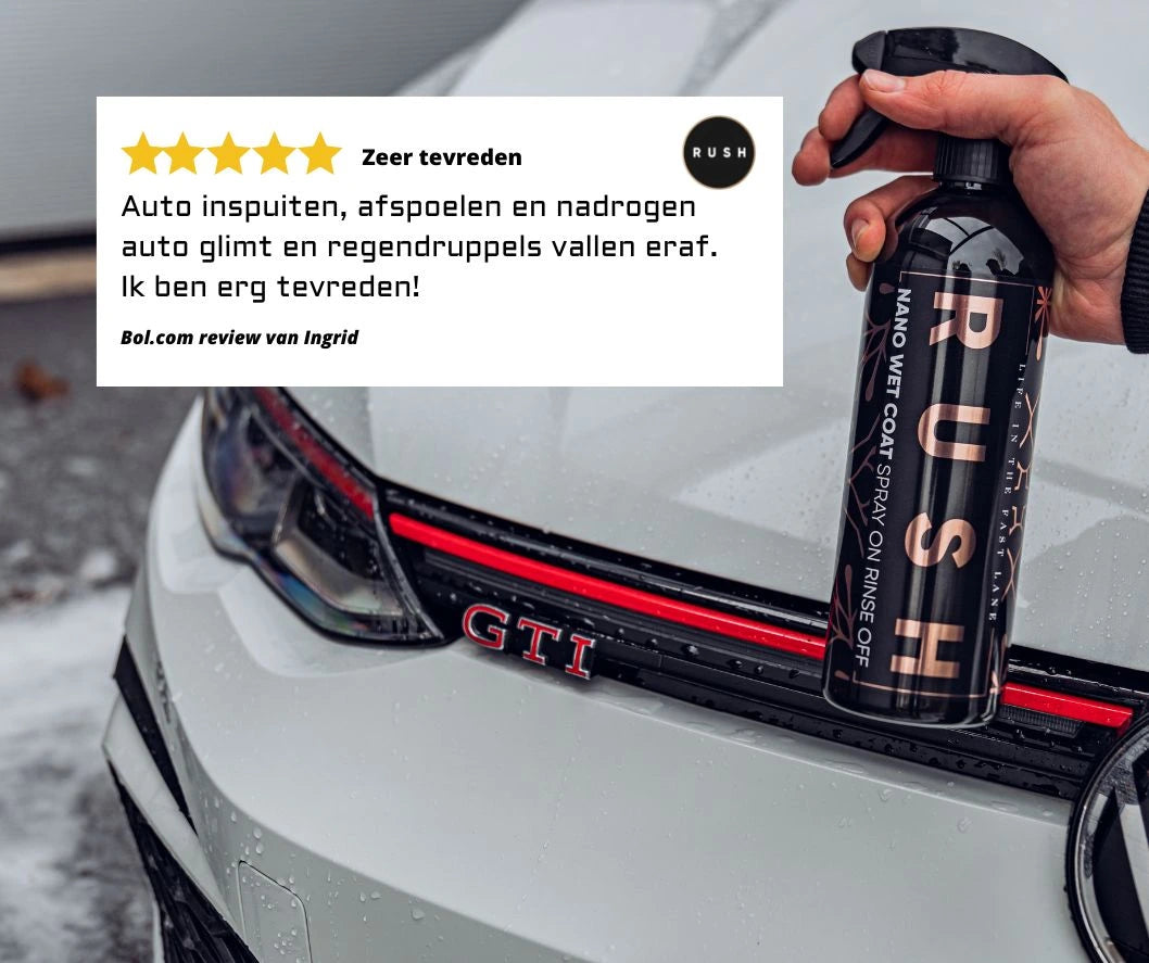 A hand holds a bottle of Nano Wet Coat spray near the front grill of a white Volkswagen GTI. A review overlay shows 5 stars, praising its glossy auto finish and impressive water-repellent effect.