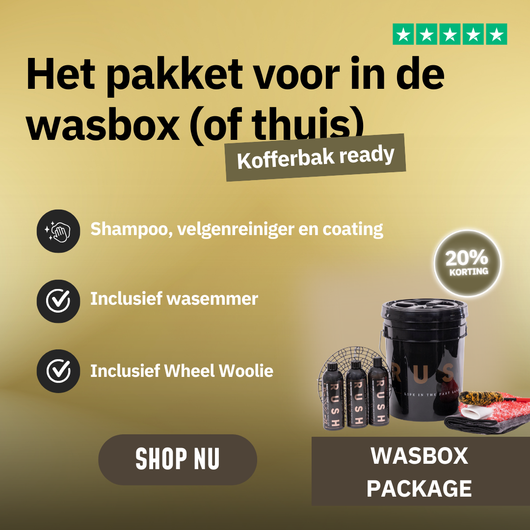 Promotionele afbeelding in het Nederlands voor het Wasbox Package: compleet pakket met shampoo, velgenreiniger, coating, wasemmer en accessoires. Nu 20% korting. SHOP NU | WASBOX PACKAGE.