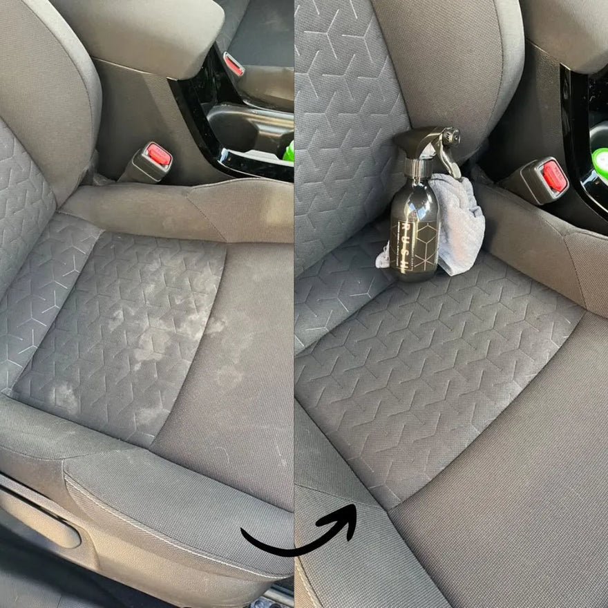 A side-by-side comparison of a car seat: the left is stained and dirty, while the right is spotless after using Interior Clean. An arrow points from hardnekkige vlekken verwijderen to a clean seat with spray bottle and cloth.